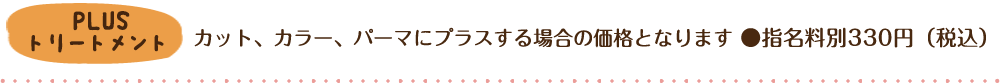 PLUS トリートメント/カット、カラー、パーマにプラスする場合の価格となります ● 指名料別300円（税込）